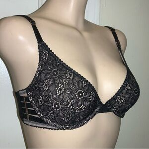 NWT VICTORIAS SECRET Very Sexy Unlined Black Lace Plunge Bra Sheer Floral 32C